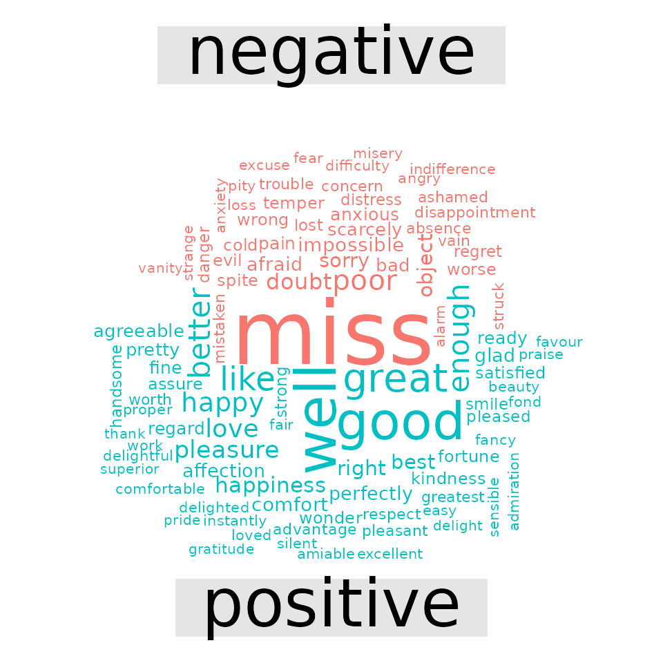 Wordcloud showing that "well" and "good" are the most common positive sentiment words while "miss" is the most common negative sentiment word